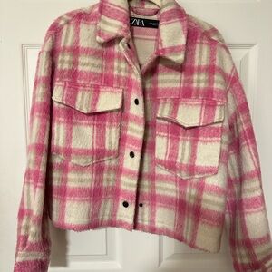 Zara pink white tan plaid shacket jacket long sleeve women size small
